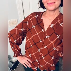 Cocomo Rust Plaid Blouse with Bow Accents